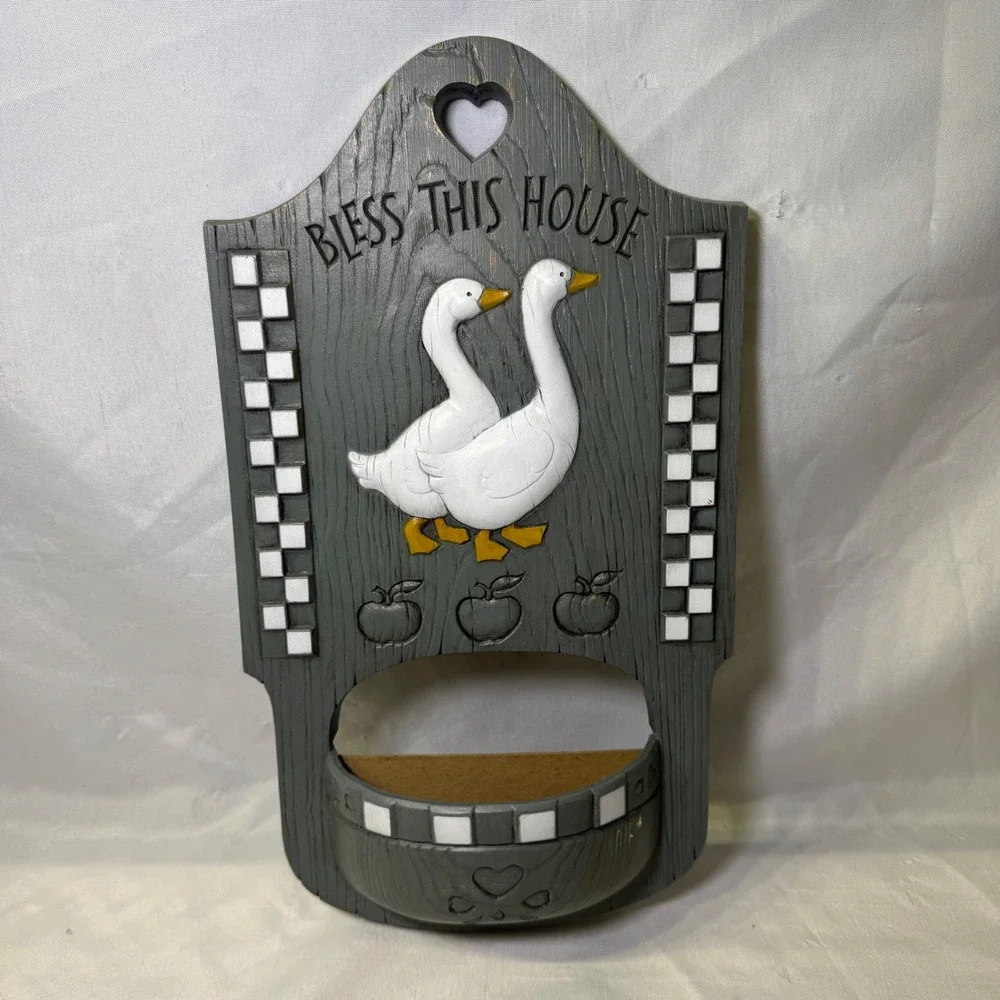 Vintage 1988 Burwood Products Bless This House Goose Wall Pocket‎ Grey duck